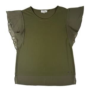 Calvin Klein Women's XS Olive Green Sheer Flutter Sleeve Blouse
